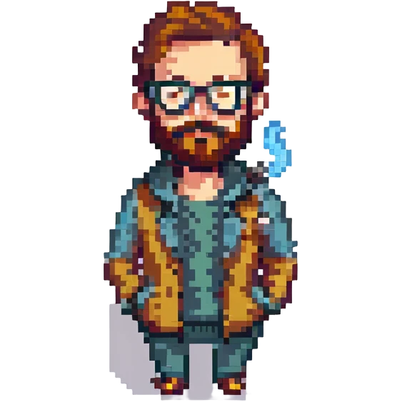 Make the guy vaping look more hipster by adding features like a beard, glasses, and trendy clothes. Keep the pixel art style and remove the background. emoji