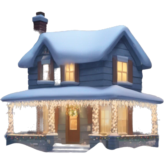 House with snow spread out around the ground of the housea snowy lawn and Christmas lights  emoji