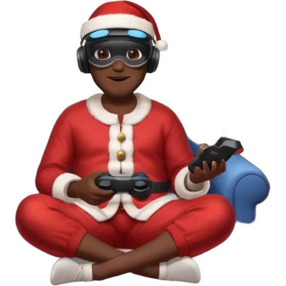 Homme noir, week-end détente, avec casque VR et manette PS 2025, assis dans un salon cosy décor Noël. Père Noël à côté, sourire amical, sapin illuminé, guirlandes et cadeaux au sol. Style réaliste, lumineux, ambiance festive & gaming. emoji