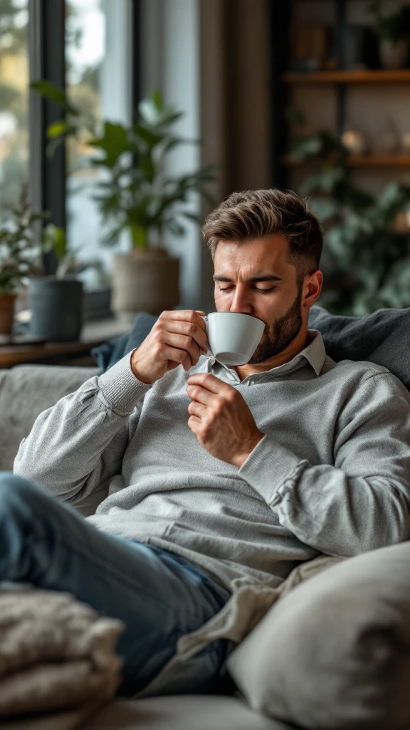 Uomo adulto in abiti casual in un ambiente domestico o ufficio tranquillo, mentre beve un caffè espresso con espressione consapevole. Subito dopo, si sdraia su un divano per un breve riposo di 20 minuti, occhi chiusi, posizione rilassata.  emoji