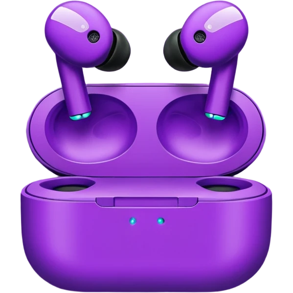 Purple wireless earbuds that wrap over the ear emoji
