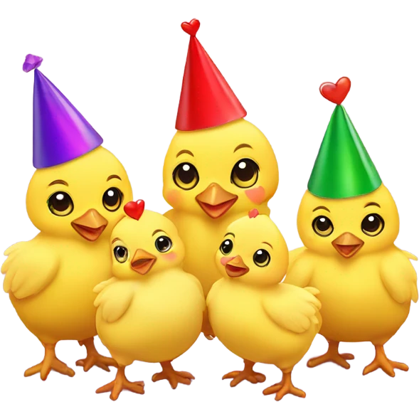 4 baby yellow chickens, wearing party hats and a heart  emoji
