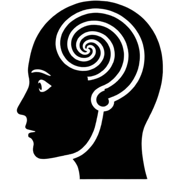 Minimalistic flat vector icon, iOS style, thin black contour on white background. Human head silhouette with spiral inside. Clean, no text, no shadows.
 emoji