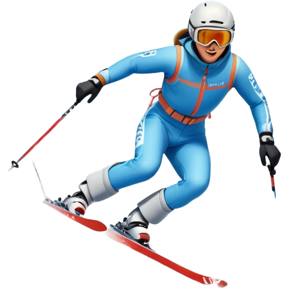 An icon featuring snowy peaks, pine trees, and a picturesque mountain landscape with a skier racing down a snow-covered slope. The sky is blue with soft clouds, capturing the thrill and beauty of alpine skiing. Transparent background highlights the excitement and serenity of winter sports. emoji