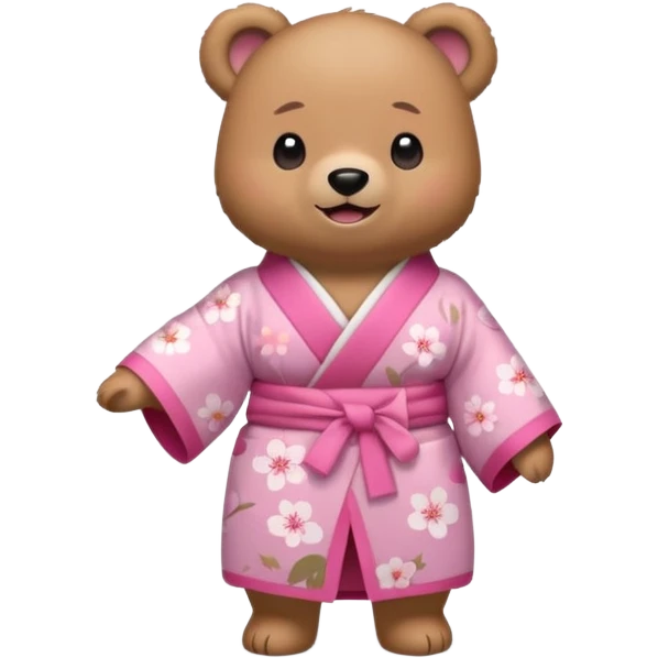A cute light-brown bear wearing a pastel pink sakura-patterned kimono, normal balanced body ratio.  
Standing under a blooming sakura tree, looking up at falling pink petals with a soft amazed smile.  
Kawaii emoji style, minimalistic clean sticker illustration, simple scenic background. emoji