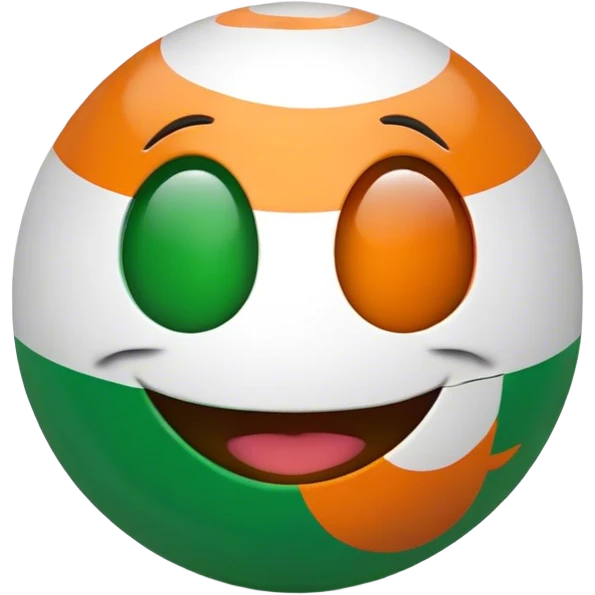 "A 2D-rendered, glossy, spherical emoji with a cheerful smiling face. The sphere is painted with the colors of the Indian flag—saffron on top, white in the middle, and green at the bottom. The emoji has large, shiny green eyes with black pupils, reflecting light for a cute and friendly expression. The background is plain white, making the vibrant colors and glossy texture of the sphere stand out. The overall style is smooth and cartoon-like, with a polished and modern look." emoji