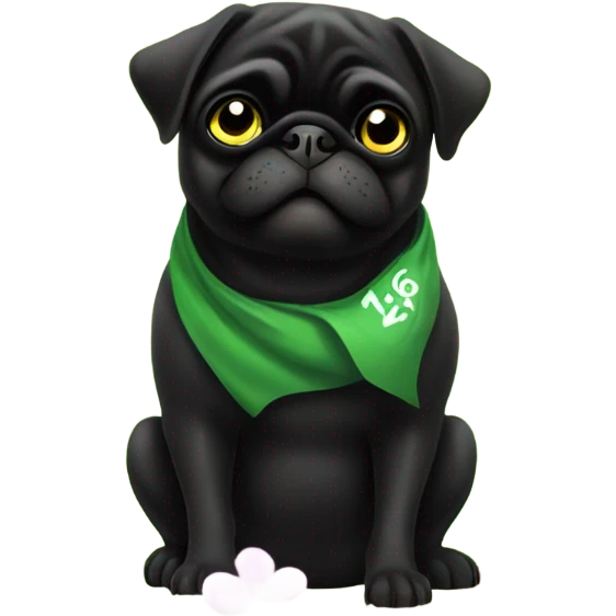 Black pug , surrounded by flowers, holding a green sign that says “good luck”  emoji