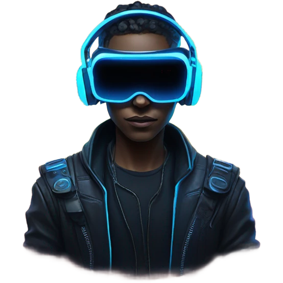 cyberpunk hacker wearing black vr headset, with blue neon lights emoji