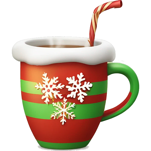 mugs with a hot drink decorated with snowflakes or a striped caramel stick. Steam rises from the mug in the shape of hearts. The color of the mug is warm red or green to convey the New Year mood emoji
