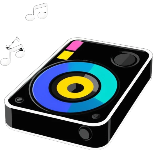 compact speaker with colorful music notes floating above emoji