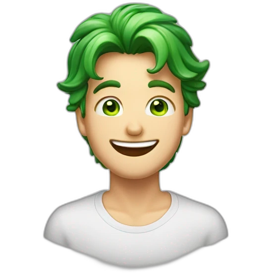 Imagine a jovial young man with slightly long hair, sparkling green eyes, and a fair complexion that reflects an expression of pure joy. His face lit up by a contagious smile, this em emoji