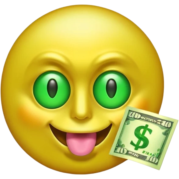 money face emoji. The face should be bright yellow, with exaggerated dollar-sign eyes glowing in neon green, and a tongue sticking out shaped like a crisp $100 bill. Add a shiny, golden aura behind the face emoji