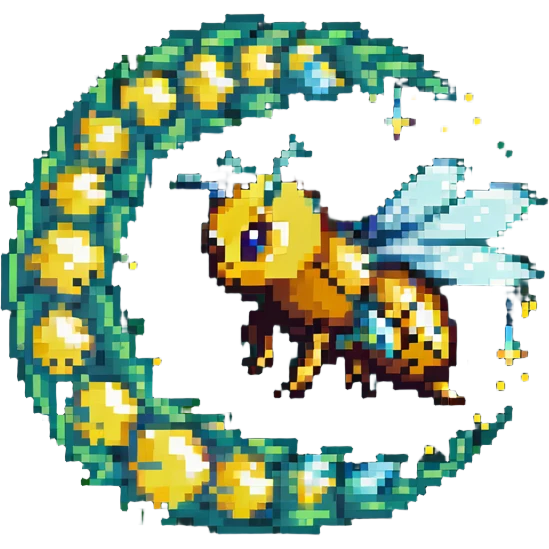 a bee trailing a swirl of glowing pixie dust, pixel art style emoji