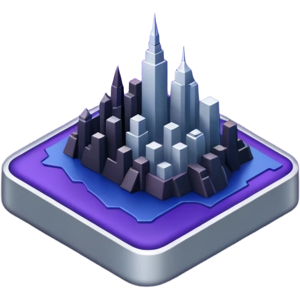 Landmark above the map. Colors: dark purple, dark blue, black, silver. Style: metallic, realistic emoji