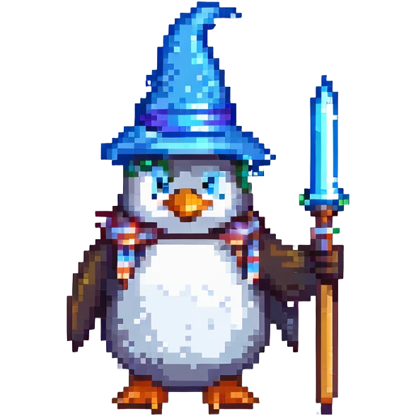 pixel art penguin wizard with a blue hat and wand, standing on ice emoji