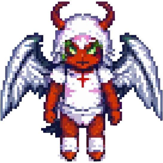 Pixel art depiction of a half demon, half angel character, with one side light and the other dark, each with their respective features, pixel art style emoji