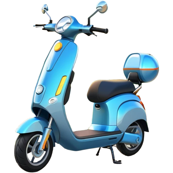 An icon featuring a sleek electric scooter parked on a scenic path. The background showcases a vibrant city park with green trees, flowers, and a clear blue sky. The sun sets in the distance, casting a warm golden glow on the landscape. Transparent background emoji