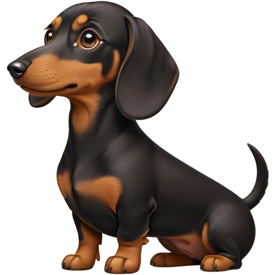 Cinematic Noble blablack and tanck and tan Dachshund Portrait Emoji, Poised and regal, with a long, low-slung build and a smooth, well-groomed black and tan coat, deep-set soulful brown eyes, Simplified yet sharp and sophisticated features, highly detailed, glowing with a soft, dignified glow, high shine, intelligent and determined, stylized with an air of charm, focused and attentive, soft glowing outline, capturing the essence of a watchful and confident companion, so majestic it feels as though it could slide out of the screen with effortless authority! emoji