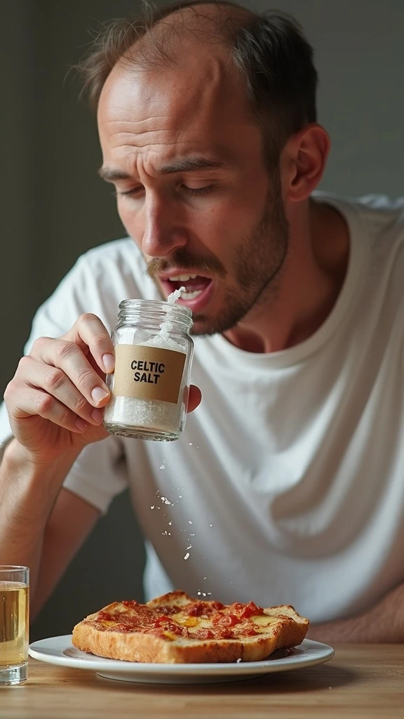 A MEDICAL ILLUSTRATION OF A REALISTIC human body holding a jar with "CELTIC SALT" written on the label, he throws it in his mouth DURING BREAKFAST emoji