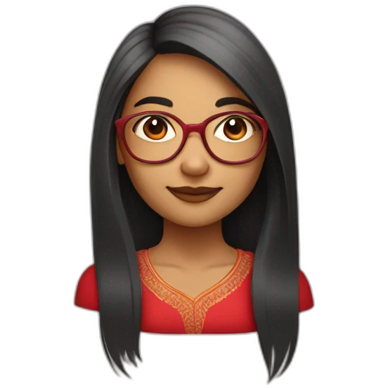 An Indian girl with a round face and straight long hair and old school transparent glasses. Wearing a red dress emoji