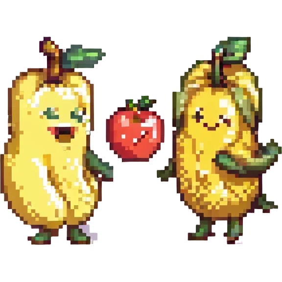 a banana and an apple dancing together, playful and fun, simple background emoji