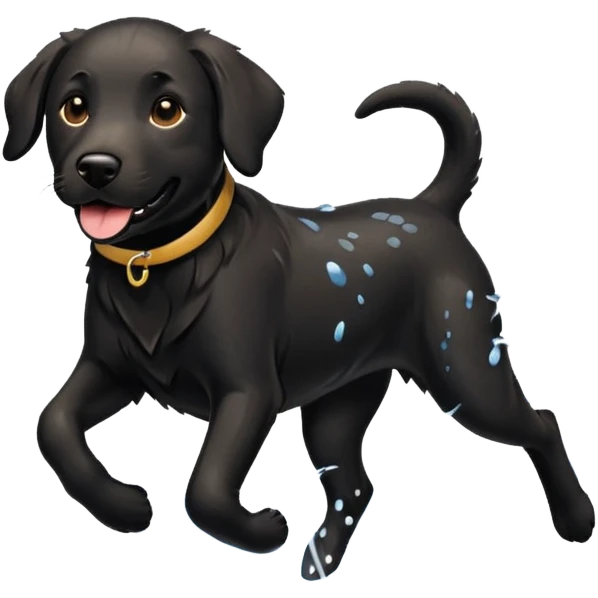 A black Labrador Retriever running through shallow water near a lake, splashing around happily. Natural lighting, motion shot, photorealistic style. emoji