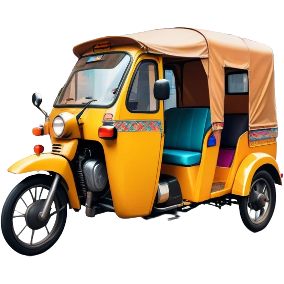 Cinematic Realistic image of a colorful auto rickshaw, rendered with detailed textures and lively, bold hues, set on a bustling urban street with dynamic, vibrant lighting that emphasizes its iconic role emoji