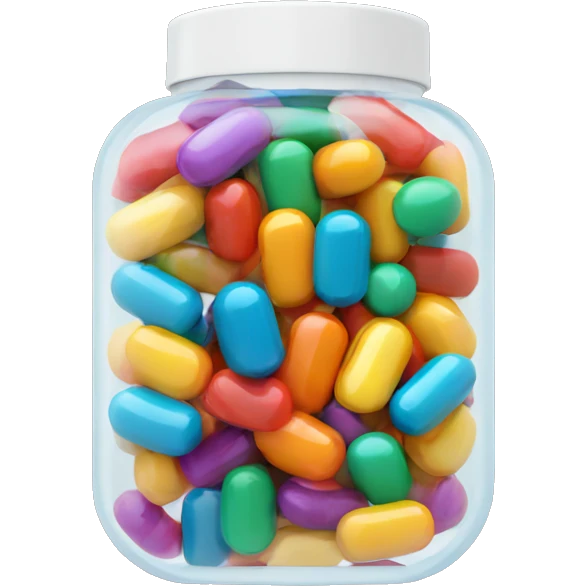 Small translucent plastic container with colorful pills inside emoji