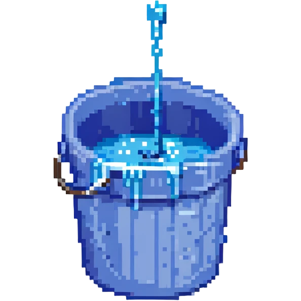 blue bucket of water with a hole in the side, water pouring out, pixel art style emoji