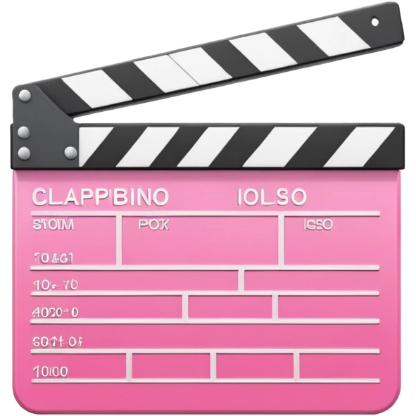  pink  pink clapperboard used in filmmaking, cute and stylish design with white details, open position, soft reflections, realistic or kawaii style, isolated on transparent background emoji