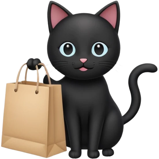 A cute black cat standing on two legs, happily running while holding a shopping bag. Minimalist emoji style, clean vector look, soft colors, rounded shapes, and expressive face emoji