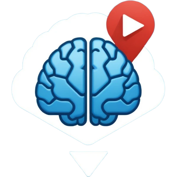 Minimalist flat icon design, brain silhouette with YouTube play button triangle integrated inside, clean vector style, single color or gradient, simple lines, professional logo style, white background, centered composition emoji