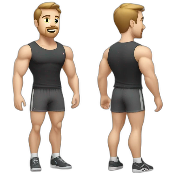Full height Actively gesturing with hands Pale skinned Fit Man With the biceps and brown hair in dark gray Sleeveless Mike, black oversize sports shorts, watch and white Sneakers emoji