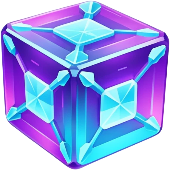 Futuristic glowing ice crystal cube, icy neon cyan highlights, purple neon accents, dark background, digital tech style. emoji