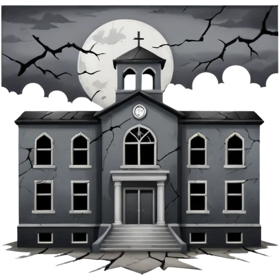 A broken/abandoned school with cracks and dust  with no back ground in an abandoned place with a blackish greyish sky  emoji