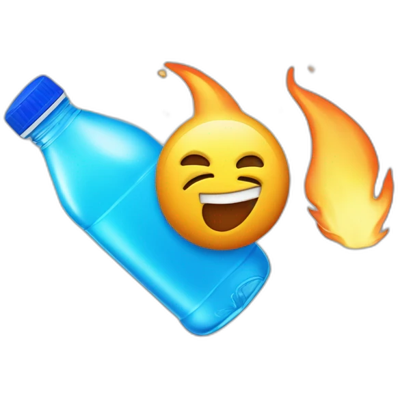 plastic bottle with blue cap, and detitle being SLAP in blue color with a yellowish cartoony fire on the background and the juice being orange emoji