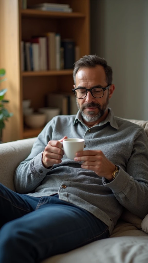 Uomo adulto in abiti casual in un ambiente domestico o ufficio tranquillo, mentre beve un caffè espresso con espressione consapevole. Subito dopo, si sdraia su un divano per un breve riposo di 20 minuti, occhi chiusi, posizione rilassata.  emoji