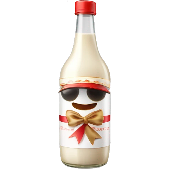 realistic clear bottle of puertorrican coquito with a red ribbon and jibaro hat as the cap isolated emoji
