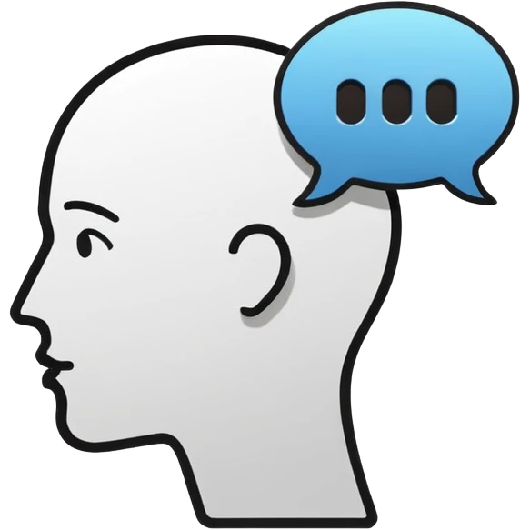 Minimalistic flat vector icon, iOS style, thin black contour on white background. Human head with speech bubble and small group of people silhouettes listening. Clean, no text, no shadows emoji