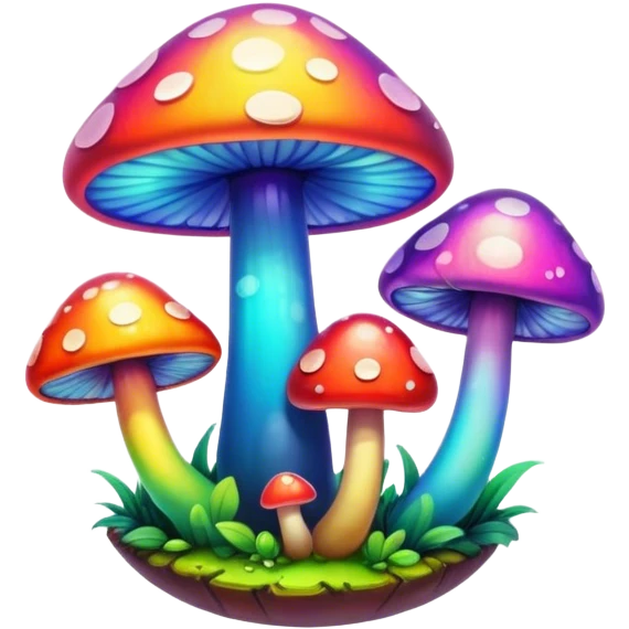 A round psychedelic colored button with bezeled edges and rainbow colored mushrooms emoji