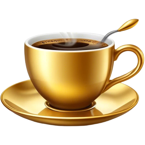 A luxurious golden coffee cup with an elegant curved handle, filled with steaming espresso. The light reflects off its metallic surface, creating a cozy and sophisticated ambiance. emoji