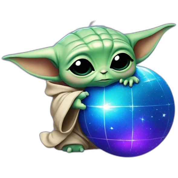 Baby yoda hugging a blue and purple disco ball emoji