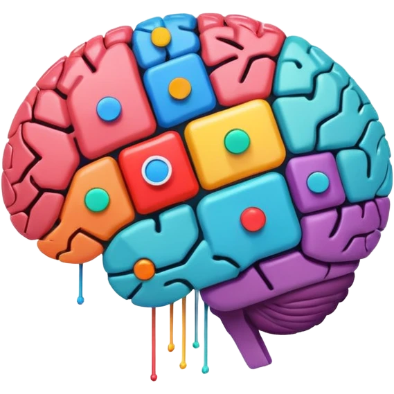 Stylized brain illustration with YouTube logo elements integrated, neural network nodes forming play button shape, digital art style, vibrant color palette, professional icon design, square format emoji
