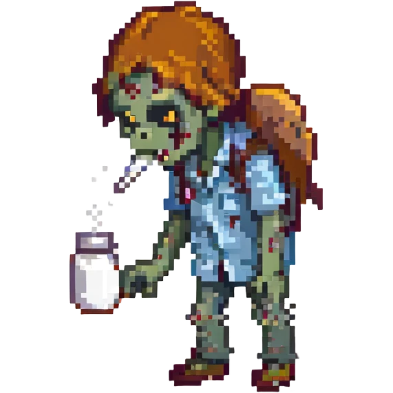 A zombie Leo  sniffing white powder with a background lab in the style of a pixel art emoji