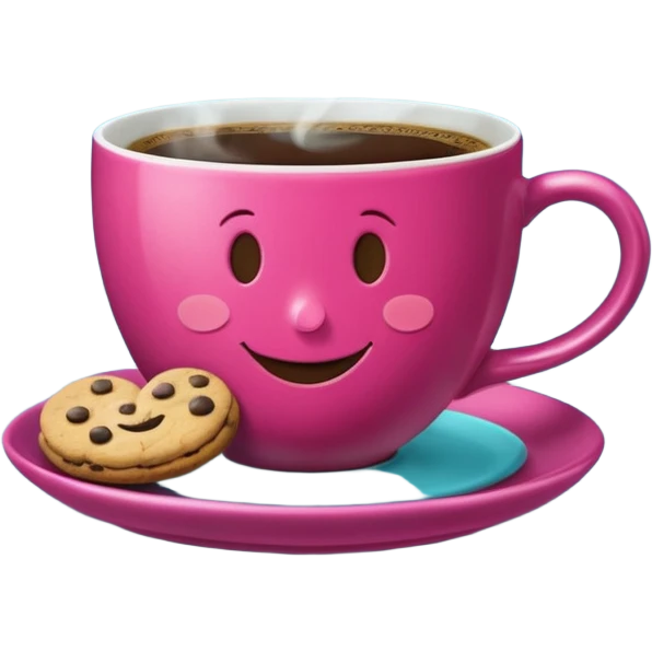 cup of coffee, steaming, the smoke should come out in the shape of a heart, the color of the cup is fuchsia, the cup has a happy face printed on it, the cup rests on a turquoise blue plate, and there are cookies and sugar cubes around the cup. emoji