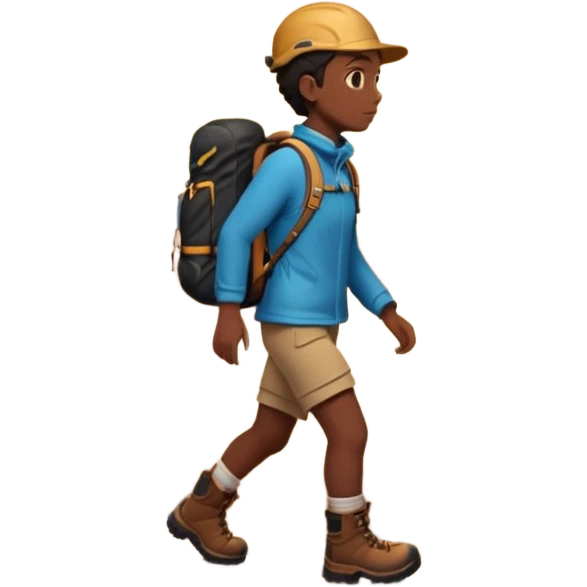 A 3D cartoon hiker silhouette standing on a rocky path at sunset, warm golden light, Memoji-style rendering. inside photo frame emoji