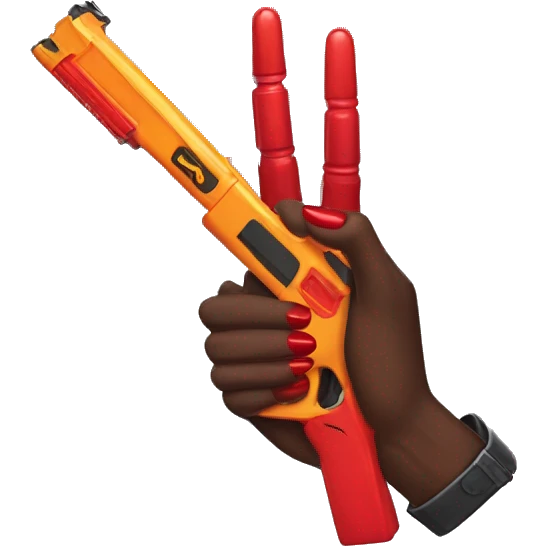 brown hand with red nails holding scary dark nerf gun emoji