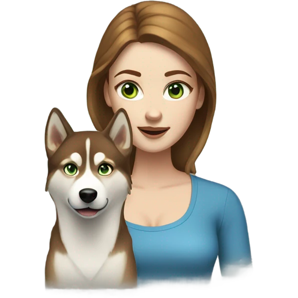 White Woman hair brown and bleus eyes and golden Husky With green eyes emoji