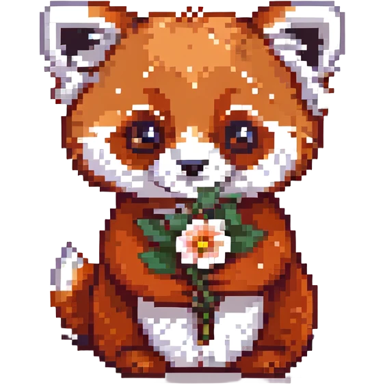 A red panda holding a small flower, retro gaming aesthetic emoji