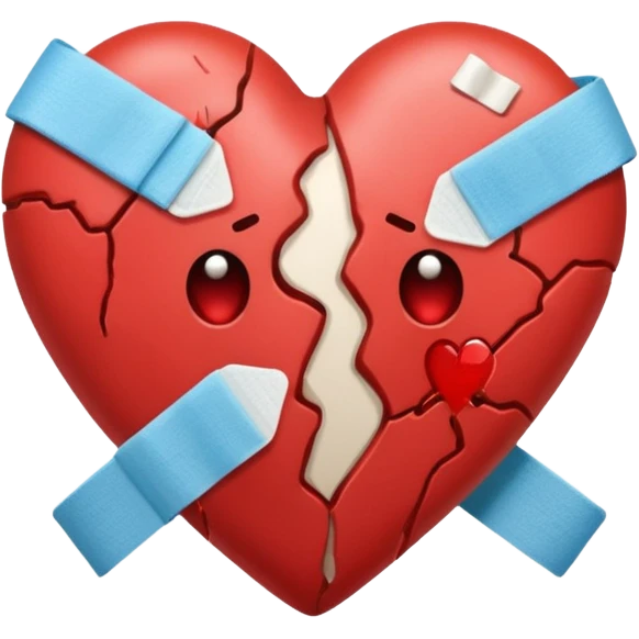 Un corazón roto con grietas  sangrando y expulsando sangre rodeado de vendas y tiritas que se despegan sin hacer efecto emoji